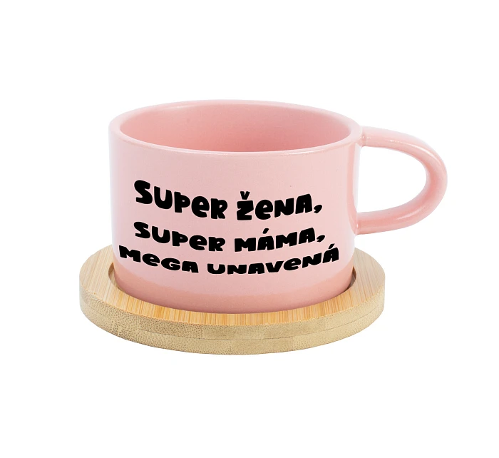 SUPER ŽENA, SUPER MÁMA, MEGA UNAVENÁ. - růžový hrníček makronka 200 ml