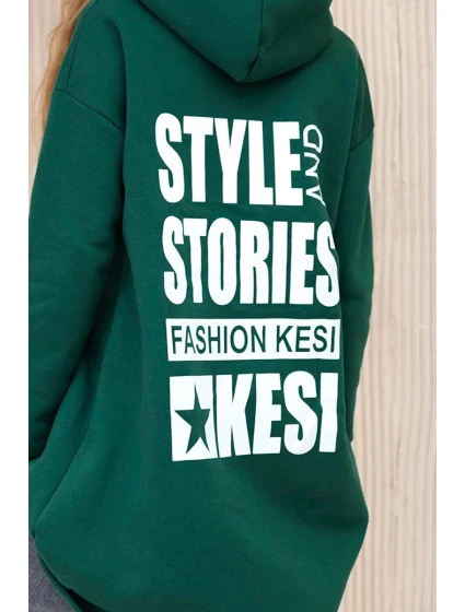 Zateplená mikina s dlhým chrbtom a kapucňou tmavo zelená