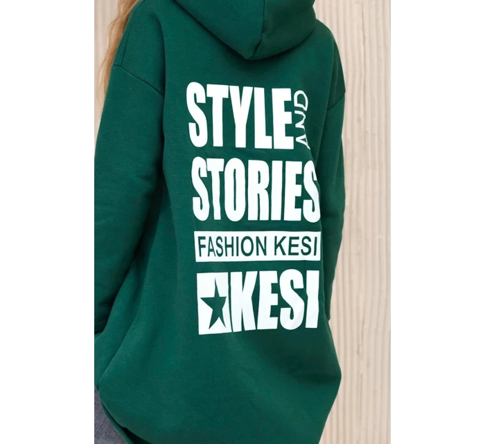 Zateplená mikina s dlhým chrbtom a kapucňou tmavo zelená
