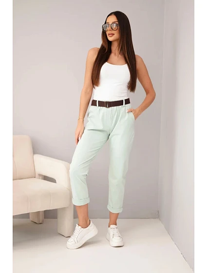 Dámské bavlněné kalhoty s páskem a model 22278592 nohavicí tmavě mátová - K-Fashion Dámské bavlněné kalhoty s páskem a model 22278592 nohavicí tmavě mátová - K-Fashion