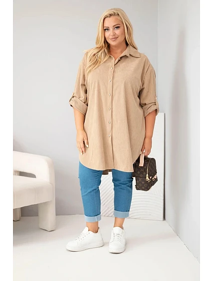 Dámská košile Plus Size z viskózy manšestrová s model 22297030 rukávy camelová - K-Fashion