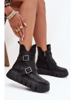 Skórzane Ocieplane Botki Damskie Na Platformie Z Klamrami Vinceza 66842 Czarne