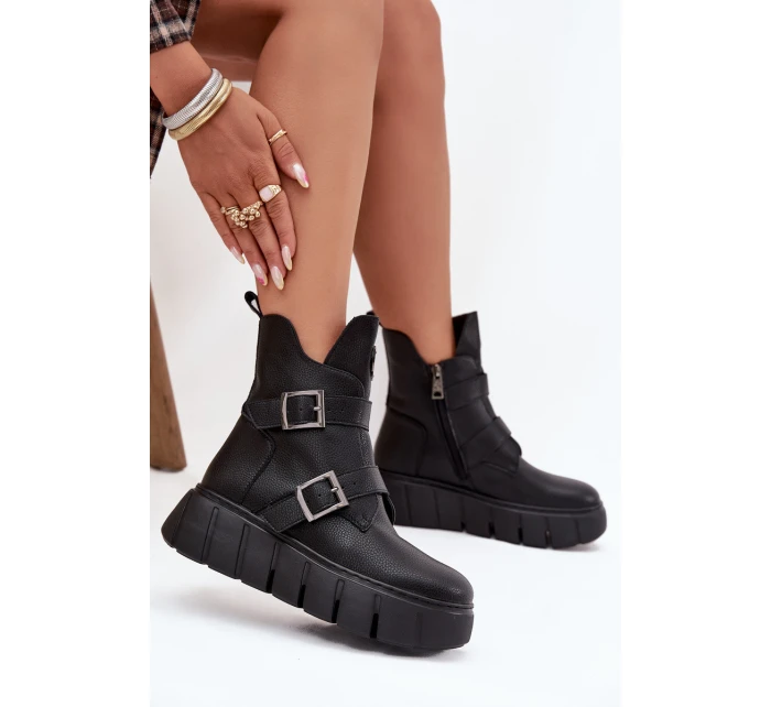 Skórzane Ocieplane Botki Damskie Na Platformie Z Klamrami Vinceza 66842 Czarne
