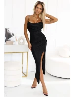 563-2 COSIMA Lesklé, fenomenálne šaty s drapériou - ČIERNE 563-2 COSIMA Lesklé, fenomenálne šaty s drapériou - ČIERNE