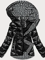Čierna dámska bunda s vzorovanou podšívkou (W718)