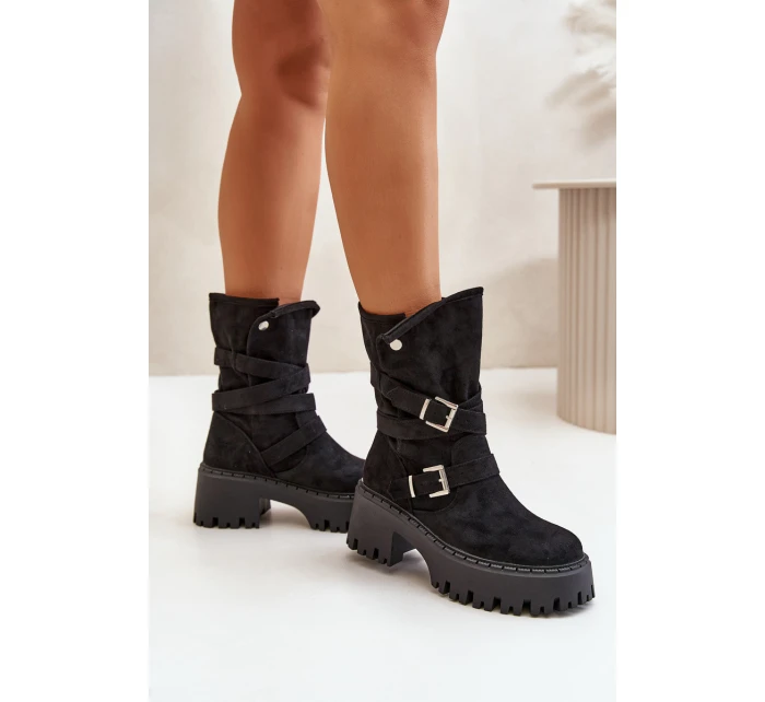 Botki Damskie Na Masywnym Obcasie Z Klamrami I Paskiem Czarne Nerelisa Botki Damskie Na Masywnym Obcasie Z Klamrami I Paskiem Czarne Nerelisa