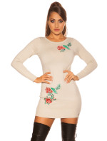 Sexy fine knit mini dress with floral embroidery