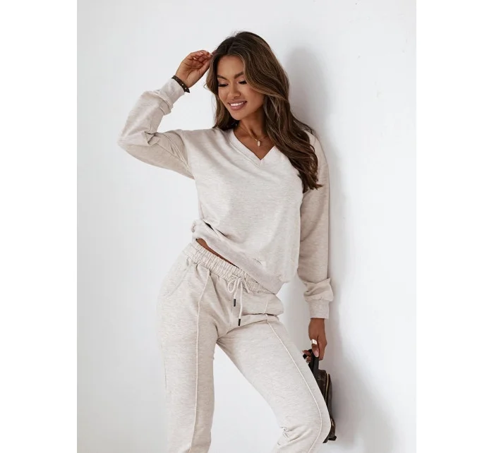 Béžová melanžová bavlnená tepláková súprava (VE59)