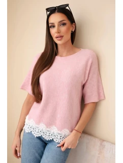 Dámský svetr s krátkým rukávem a krajkou tmavě pudrově růžový