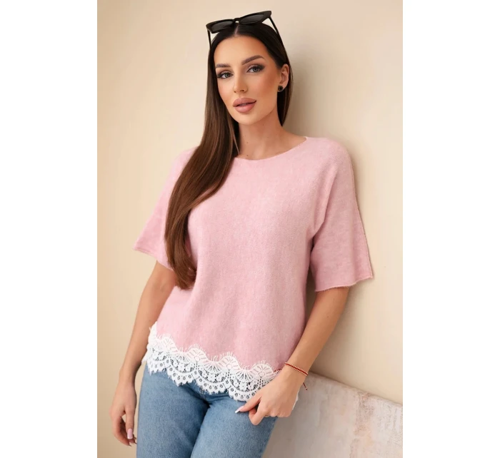 Dámský svetr s krátkým rukávem a krajkou tmavě pudrově růžový