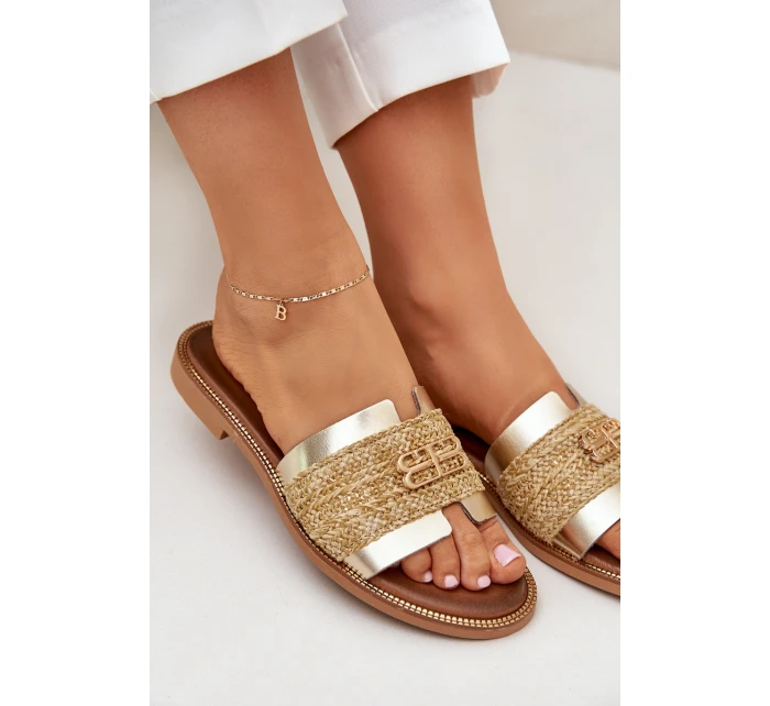 Skórzane Klapki Z Ozdobnym Detalem I Plecionką Zazoo 40426 Złote