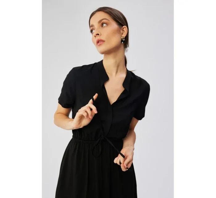 S366 Viskózové šaty so šnúrkou v páse - čierne S366 Viskózové šaty so šnúrkou v páse - čierne