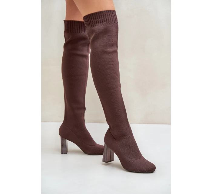 Kozaki Ze Skarpetkową Cholewką Za Kolano Na Słupku Brązowe Esanira Kozaki Ze Skarpetkową Cholewką Za Kolano Na Słupku Brązowe Esanira