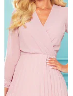 313-4 ISABELLE Plisované šaty s hlbokým výstrihom a dlhými rukávmi - Powder Pink