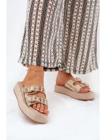 Klapki Damskie Na Platformie Z Klamrami I Plecionką Khaki Limme Klapki Damskie Na Platformie Z Klamrami I Plecionką Khaki Limme