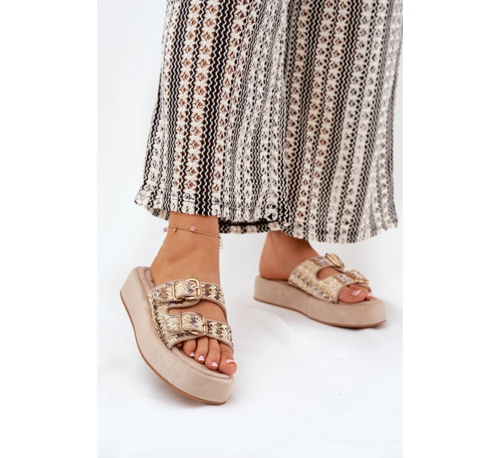 Klapki Damskie Na Platformie Z Klamrami I Plecionką Khaki Limme Klapki Damskie Na Platformie Z Klamrami I Plecionką Khaki Limme