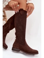 Dámské kozačky s krajkovým vzorem na nízkém podpatku model 22031871 Čokoládové - S.Barski