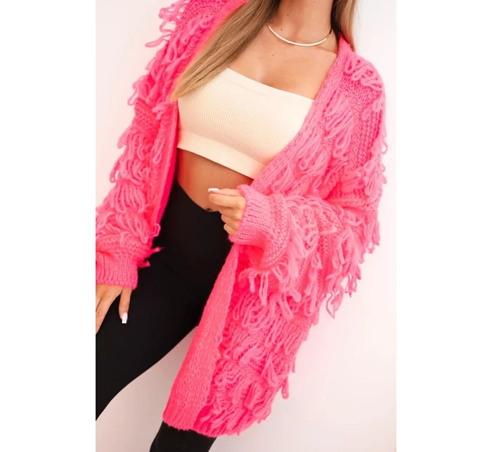 Dámský kardigan s třásněmi a volným střihem neonově růžový