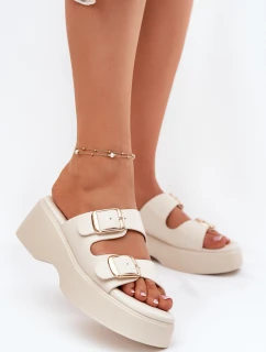 Dámské pantofle na platformě a klínu s přezkami světle béžové model 21697274 - Boto
