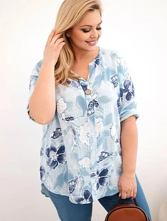 Dámske Plus veľkosť bavlnená blúzka s kvetinovým vzorom modrá