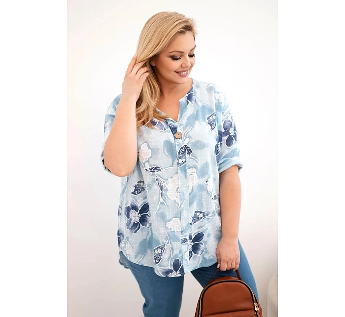 Dámská bavlněná halenka Plus Size s květinovým vzorem modrá