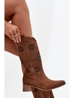 Ażurowe Kozaki Damskie Z Naturalnego Zamszu Na Klocku Zazoo 3793 Brązowe