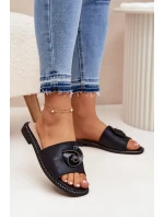Klapki Damskie Na Płaskim Obcasie Z Ozdobnym Detalem KV51-007 Czarne