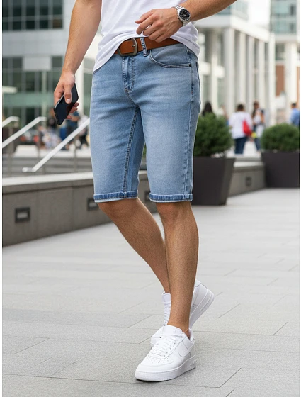 Pánske džínsové šortky s opaskom pred kolenom modré SX2579