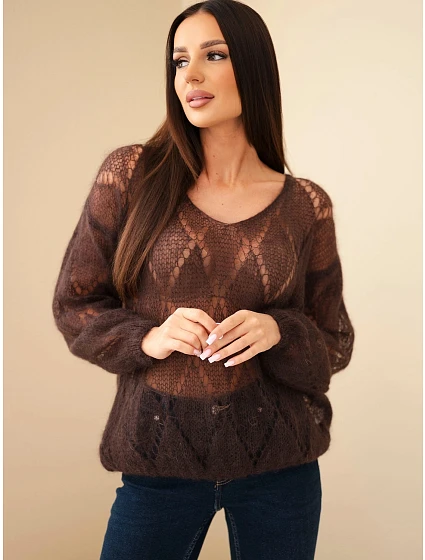 Dámský svetr z 80 % z s výstřihem do V hnědý model 22358343 - K-Fashion Dámský svetr z 80 % z s výstřihem do V hnědý model 22358343 - K-Fashion