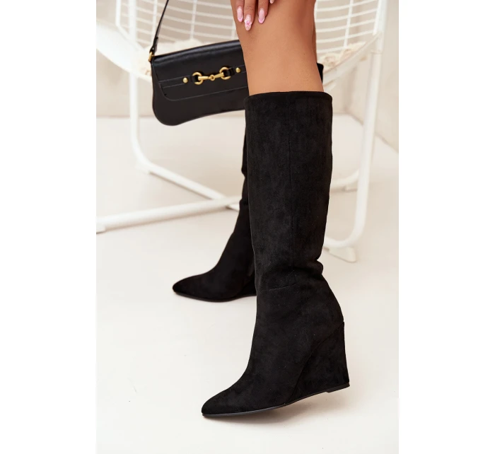 Ocieplane Kozaki Damskie Na Koturnie Czarne Rosina