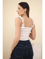 Dámská žebrovaná proužkovaná halenka na ramínkách s volánkem tmavě růžová