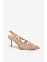 Dámské sandály na podpatku s krajkou tmavě béžové model 22103110 - Boto