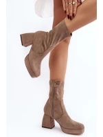 Dámské kotníkové boty na masivním podpatku a platformě tmavě béžové model 21642180 - Boto