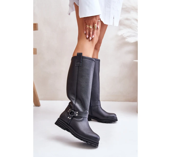 Skórzane Kozaki Damskie Przed Kolano Lewski 3615 Czarne