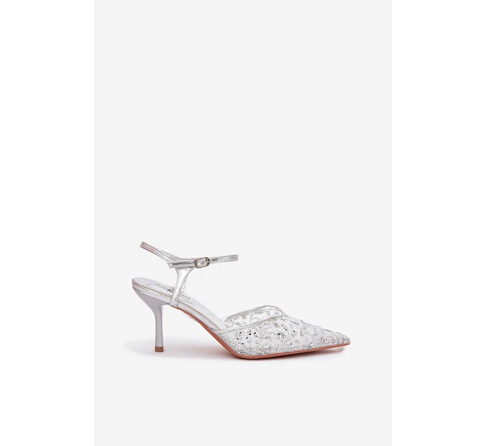 Dámské síťované sandály na jehlovém podpatku se třpytivým zdobením Stříbrné Laria