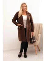 Dámske elegantné Plus veľkosť kabát s golierom a veľké vrecká Brown Dámske elegantné Plus veľkosť kabát s golierom a veľké vrecká Brown