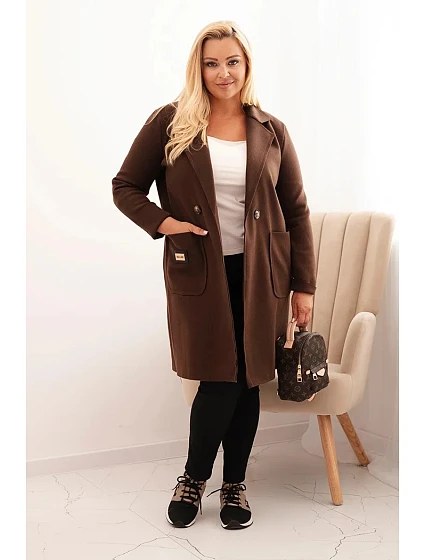 Dámský elegantní kabát Plus Size s límcem a velkými kapsami hnědý Dámský elegantní kabát Plus Size s límcem a velkými kapsami hnědý