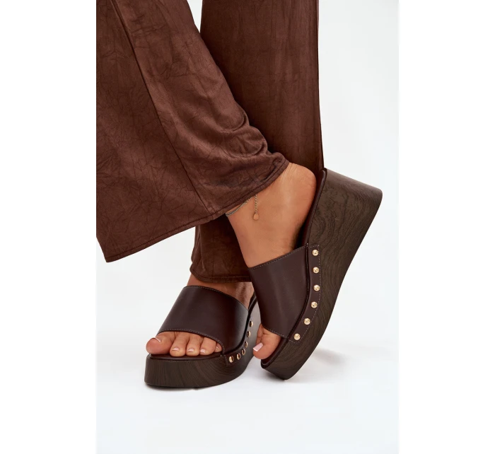 Dámské pantofle na platformě se zlatými sponami hnědé Arionne