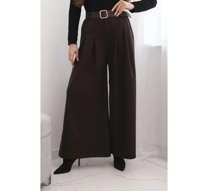 Dámské kalhoty s širokou nohavicí a páskem hnědé Dámské kalhoty s širokou nohavicí a páskem hnědé