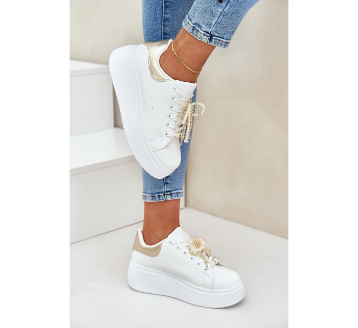 Sneakersy Damskie Na Platformie Z Ozdobami Biało-Złote Lerissna