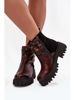 Kožené zateplené kotníkové boty na platformě a plochém podpatku Maciejka 06140-02 hnědé