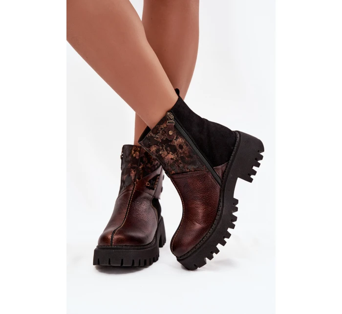 Kožené zateplené kotníkové boty na platformě a plochém podpatku model 21725100 hnědé - Maciejka