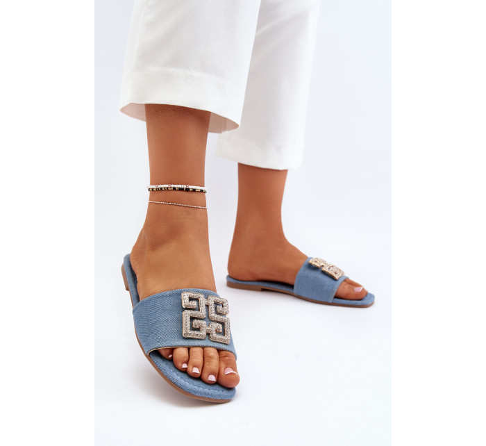 Dámske džínsové papuče s plochým podpätkom a ozdobou, modré Inaile