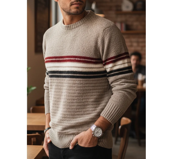 Pánsky pruhovaný sveter svetlohnedý FashionStreet WX2282