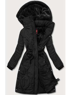 Čierna dámska zimná bunda ku kolenám (M-21601)