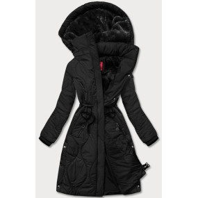 Čierna dámska zimná bunda ku kolenám (M-21601)