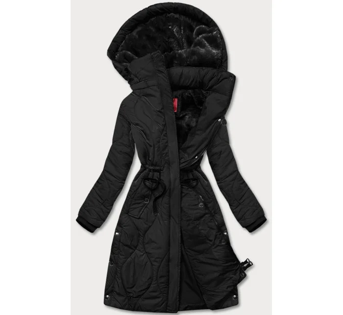 Čierna dámska zimná bunda po kolená (m-21601)