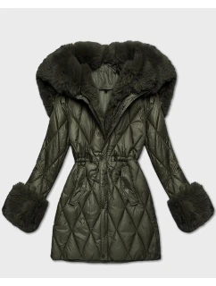 Bunda s kožušinovou kapucňou s khaki golierom (T3-2635#-22)