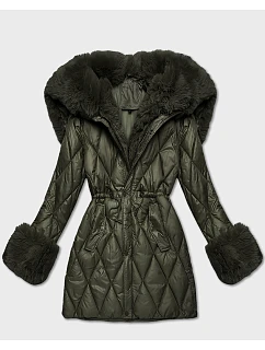 Bunda s kožušinovou kapucňou a khaki golierom (T3-2635#-22)