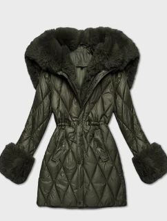 Bunda s kožušinovou kapucňou s khaki golierom (T3-2635#-22)